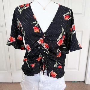 Francesca’s Black Floral Drawstring Shirt